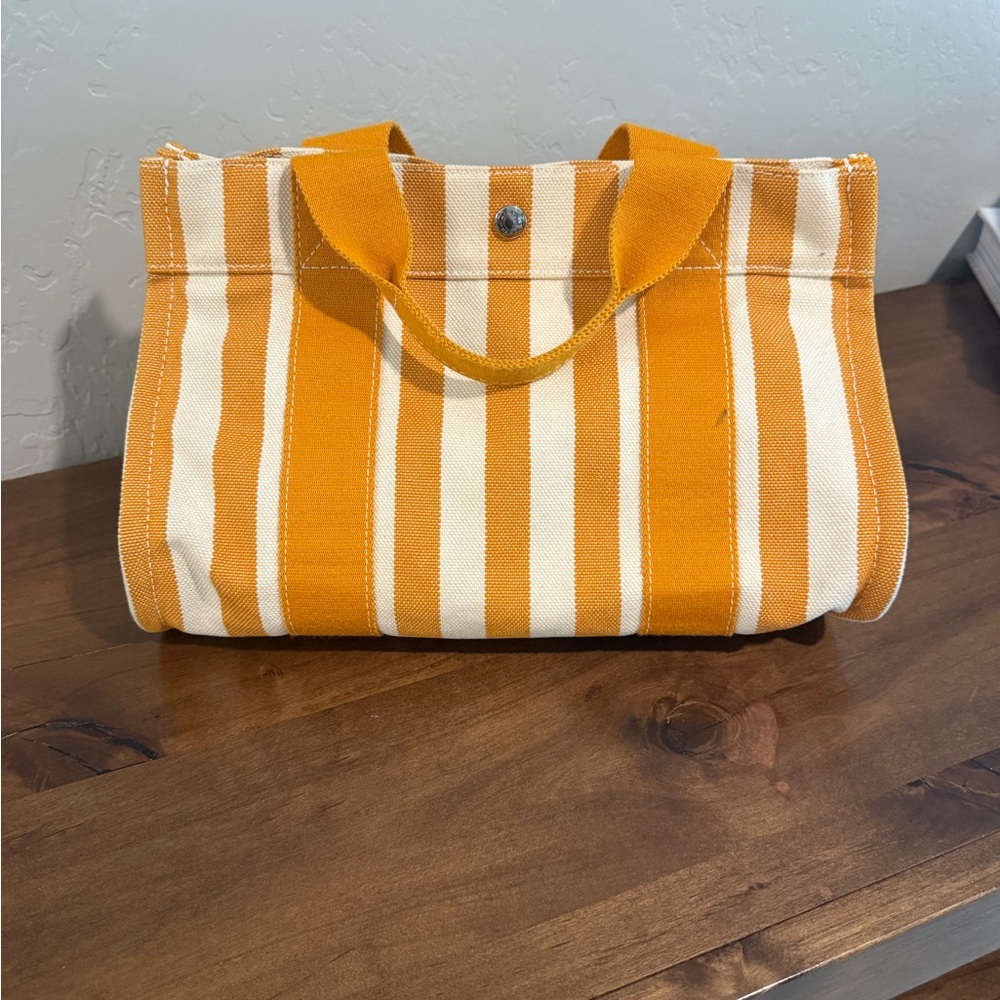 Authentic Hermes Toile Cannes Stripe Tote with Pouch
